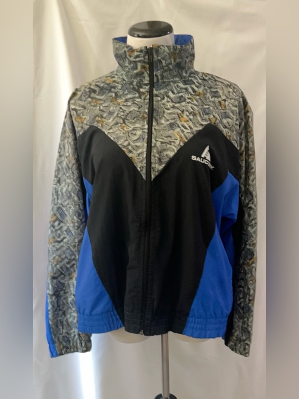 Saucony Colorblock Full Zip Nylon Windbreaker Jacket Blue Black Retro 90s VTG